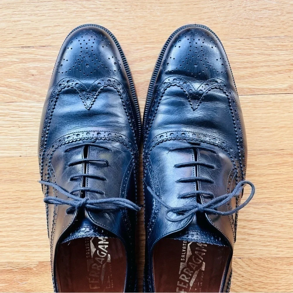 Salvatore Ferragamo Men's Oxfords 12B Black Leather Brogues Lace Up Vibram Soles